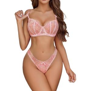 imageAvidlvoe Lingerie for Women Lace Bra and Panty Sets 2 Pieces Sexy Underwear Underwire Lingerie SetOrange Pink