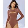 imageAvidlove Bodysuits for Women Round Neck Shapewear Bodysuit Long Sleeve Bodysuit Sexy Mesh Top Double Lined Cutout ShirtRose Taupe