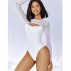 imageAvidlove Bodysuits for Women Round Neck Shapewear Bodysuit Long Sleeve Bodysuit Sexy Mesh Top Double Lined Cutout ShirtWhite