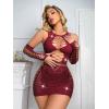 imageAvidlove Fishnet Lingerie Womens Mesh Chemise One Piece Babydoll Mini Dress Lace Sparkle Rhinestone Lingeries for WomenDark Red