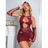 imageAvidlove Fishnet Lingerie Womens Mesh Chemise One Piece Babydoll Mini Dress Lace Sparkle Rhinestone Lingeries for WomenDark Red