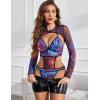 imageAvidlove Rave Outfits for Women Festival Sexy Lingerie Bodysuit Buckle Shrug Crop Top SetPurple Tie Dye