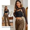 imageAvidlove Women Sexy Long Sleeve Mesh Crop Top Solid Cover Up with Spaghetti Strap Cami Top 2 Pieces Clubwear with Thumb HolesA Black