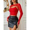 imageAvidlove Women Sexy Long Sleeve Mesh Crop Top Solid Cover Up with Spaghetti Strap Cami Top 2 Pieces Clubwear with Thumb HolesA Red