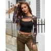imageAvidlove Women Sexy Long Sleeve Mesh Crop Top Solid Cover Up with Spaghetti Strap Cami Top 2 Pieces Clubwear with Thumb HolesBlack Pattern 2
