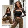 imageAvidlove Women Sexy Long Sleeve Mesh Crop Top Solid Cover Up with Spaghetti Strap Cami Top 2 Pieces Clubwear with Thumb HolesBlack Pattern 2
