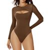 imageAvidlove Bodysuits for Women Round Neck Shapewear Bodysuit Long Sleeve Bodysuit Sexy Mesh Top Double Lined Cutout ShirtBrown