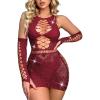 imageAvidlove Fishnet Lingerie Womens Mesh Chemise One Piece Babydoll Mini Dress Lace Sparkle Rhinestone Lingeries for WomenDark Red