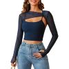 imageAvidlove Women Sexy Long Sleeve Mesh Crop Top Solid Cover Up with Spaghetti Strap Cami Top 2 Pieces Clubwear with Thumb HolesNavy Blue