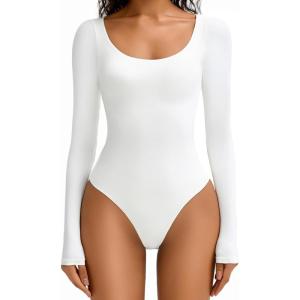 imageAvidlove Bodysuits for Women Long Sleeve Body Suits Womens Scoop Neck Bodysuit Double Lined TopsWhite
