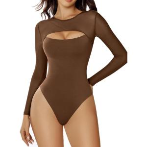 imageAvidlove Bodysuits for Women Round Neck Shapewear Bodysuit Long Sleeve Bodysuit Sexy Mesh Top Double Lined Cutout ShirtBrown