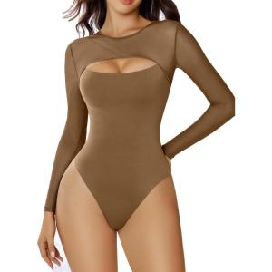 imageAvidlove Bodysuits for Women Round Neck Shapewear Bodysuit Long Sleeve Bodysuit Sexy Mesh Top Double Lined Cutout ShirtGrayish Green
