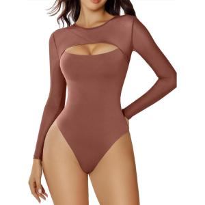 imageAvidlove Bodysuits for Women Round Neck Shapewear Bodysuit Long Sleeve Bodysuit Sexy Mesh Top Double Lined Cutout ShirtRose Taupe