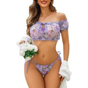 imageAvidlove Bra and Panty Set Ruffle Lingerie Set Mesh Babydoll ChemiseButterfly Daisy