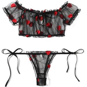 imageAvidlove Bra and Panty Set Ruffle Lingerie Set Mesh Babydoll ChemiseRed Heart