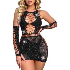 imageAvidlove Fishnet Lingerie Womens Mesh Chemise One Piece Babydoll Mini Dress Lace Sparkle Rhinestone Lingeries for WomenBlack