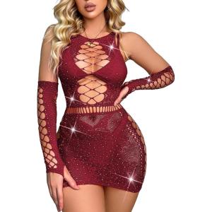 imageAvidlove Fishnet Lingerie Womens Mesh Chemise One Piece Babydoll Mini Dress Lace Sparkle Rhinestone Lingeries for WomenDark Red