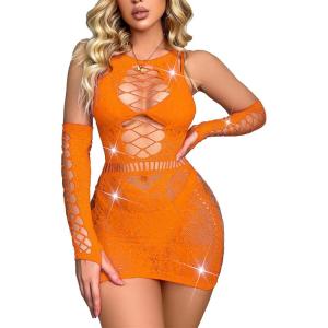imageAvidlove Fishnet Lingerie Womens Mesh Chemise One Piece Babydoll Mini Dress Lace Sparkle Rhinestone Lingeries for WomenOrange
