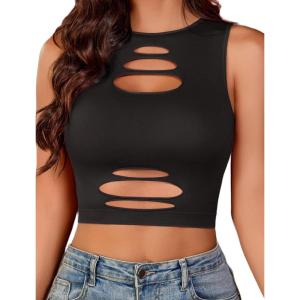 imageAvidlove Fishnet Top for Women Sexy Cut Out Crop Short Hollow Out Cropped Tank TopAblack