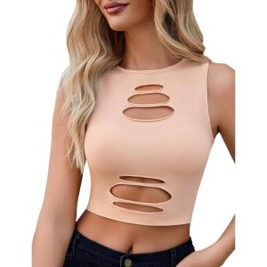 imageAvidlove Fishnet Top for Women Sexy Cut Out Crop Short Hollow Out Cropped Tank TopBeige