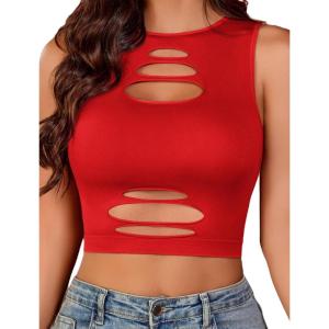 imageAvidlove Fishnet Top for Women Sexy Cut Out Crop Short Hollow Out Cropped Tank TopCarmine Red