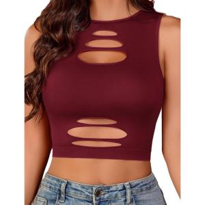 imageAvidlove Fishnet Top for Women Sexy Cut Out Crop Short Hollow Out Cropped Tank TopDark Red