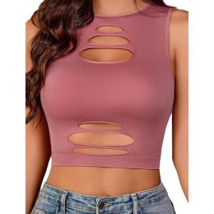 imageAvidlove Fishnet Top for Women Sexy Cut Out Crop Short Hollow Out Cropped Tank TopPink