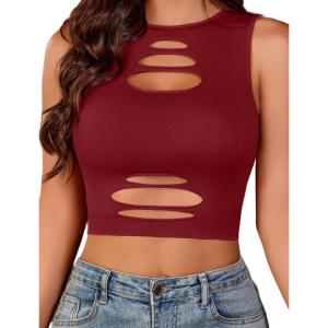 imageAvidlove Fishnet Top for Women Sexy Cut Out Crop Short Hollow Out Cropped Tank TopWine Red