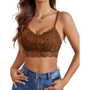 imageAvidlove Lace Bralettes for Women Padded Bralette Camisole Racerback Crop Top Floral Lace Bralettes V NeckBrown
