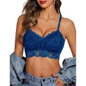 imageAvidlove Lace Bralettes for Women Padded Bralette Camisole Racerback Crop Top Floral Lace Bralettes V NeckDark Navy Blue