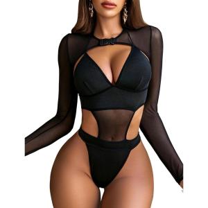 imageAvidlove Rave Outfits for Women Festival Sexy Lingerie Bodysuit Buckle Shrug Crop Top SetAblack