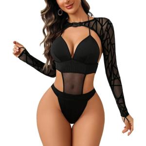imageAvidlove Rave Outfits for Women Festival Sexy Lingerie Bodysuit Buckle Shrug Crop Top SetBlack Geometric
