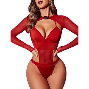 imageAvidlove Rave Outfits for Women Festival Sexy Lingerie Bodysuit Buckle Shrug Crop Top SetBred