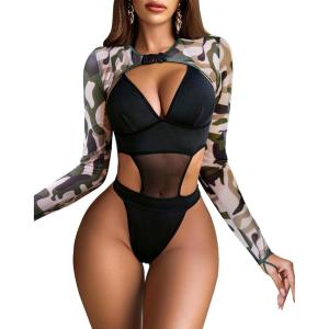 imageAvidlove Rave Outfits for Women Festival Sexy Lingerie Bodysuit Buckle Shrug Crop Top SetCamo
