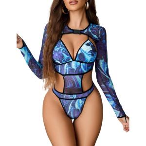 imageAvidlove Rave Outfits for Women Festival Sexy Lingerie Bodysuit Buckle Shrug Crop Top SetGreen Tie Dye