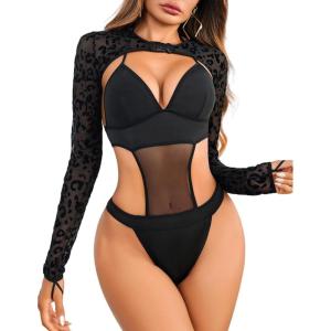 imageAvidlove Rave Outfits for Women Festival Sexy Lingerie Bodysuit Buckle Shrug Crop Top SetLeopard
