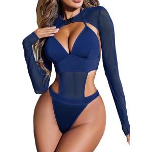 imageAvidlove Rave Outfits for Women Festival Sexy Lingerie Bodysuit Buckle Shrug Crop Top SetNavy Blue