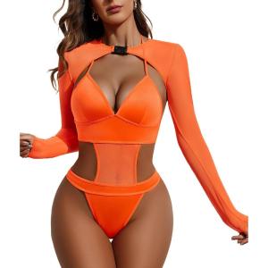 imageAvidlove Rave Outfits for Women Festival Sexy Lingerie Bodysuit Buckle Shrug Crop Top SetOrange