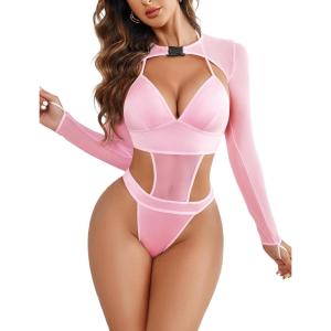 imageAvidlove Rave Outfits for Women Festival Sexy Lingerie Bodysuit Buckle Shrug Crop Top SetPink