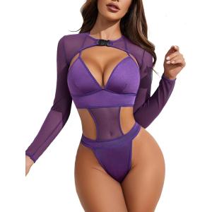 imageAvidlove Rave Outfits for Women Festival Sexy Lingerie Bodysuit Buckle Shrug Crop Top SetPurple