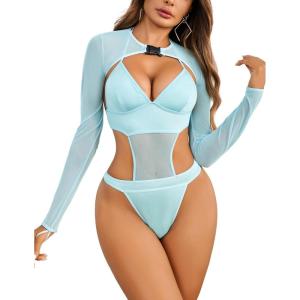 imageAvidlove Rave Outfits for Women Festival Sexy Lingerie Bodysuit Buckle Shrug Crop Top SetSky Blue