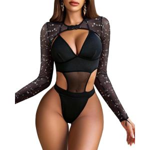 imageAvidlove Rave Outfits for Women Festival Sexy Lingerie Bodysuit Buckle Shrug Crop Top SetSparkle Star