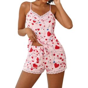 imageAvidlove Women Cami Pajama Set Modal Sleepwear Lace Trim Short PJ Set with ShortsFlower Love Heart
