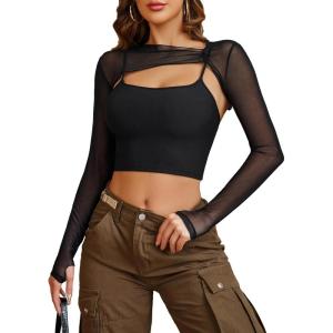 imageAvidlove Women Sexy Long Sleeve Mesh Crop Top Solid Cover Up with Spaghetti Strap Cami Top 2 Pieces Clubwear with Thumb HolesA Black