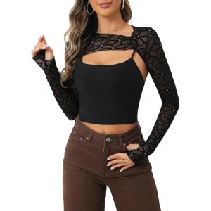 imageAvidlove Women Sexy Long Sleeve Mesh Crop Top Solid Cover Up with Spaghetti Strap Cami Top 2 Pieces Clubwear with Thumb HolesBlack Pattern 1
