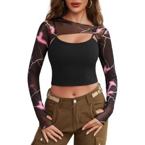 imageAvidlove Women Sexy Long Sleeve Mesh Crop Top Solid Cover Up with Spaghetti Strap Cami Top 2 Pieces Clubwear with Thumb HolesBlack Pattern 2