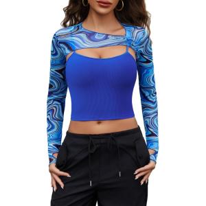 imageAvidlove Women Sexy Long Sleeve Mesh Crop Top Solid Cover Up with Spaghetti Strap Cami Top 2 Pieces Clubwear with Thumb HolesBlue Pattern 1