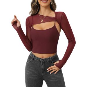 imageAvidlove Women Sexy Long Sleeve Mesh Crop Top Solid Cover Up with Spaghetti Strap Cami Top 2 Pieces Clubwear with Thumb HolesDark Red