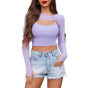 imageAvidlove Women Sexy Long Sleeve Mesh Crop Top Solid Cover Up with Spaghetti Strap Cami Top 2 Pieces Clubwear with Thumb HolesLilac