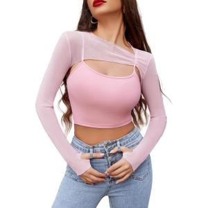imageAvidlove Women Sexy Long Sleeve Mesh Crop Top Solid Cover Up with Spaghetti Strap Cami Top 2 Pieces Clubwear with Thumb HolesPink